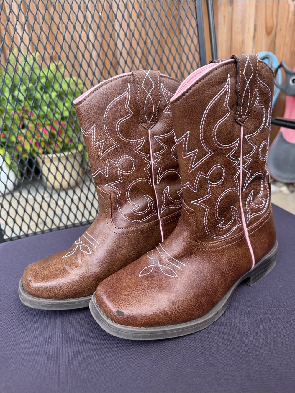 wonder nation Brown Western Kids Cowboy Boots with Pink Trim